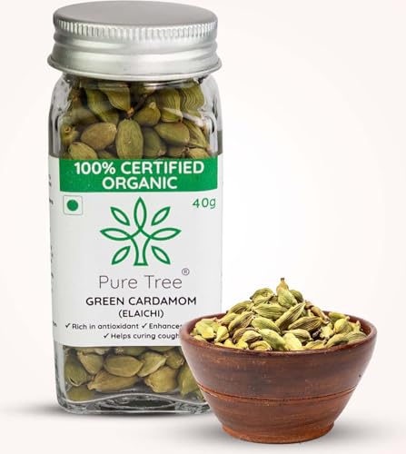 Image of Pure Tree Certified Organic Elaichi | 40 g | Glass Jar | Organic Green Cardamom Whole Spices Hari Chhoti Elaichi Seeds Unique Aroma & Pleasant Flavour