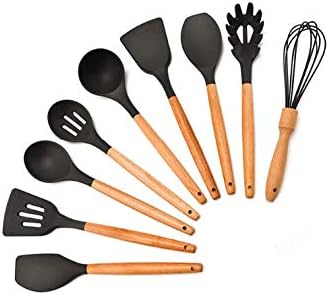 Amazon Com Kitchen Utensil Set Silicone Cooking Utensils 10 Pieces Wooden Handle Cooking Tools Turner Spoon Spatula Whisk For Nonstick Cookware Kitchen Gadget Gift Gray Home Kitchen