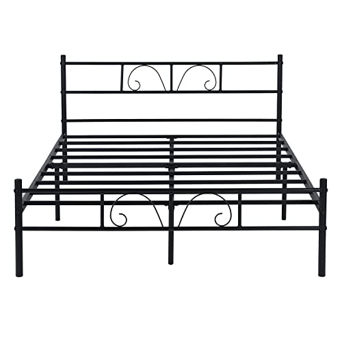 Homy CASA Cadre de lit Double avec Rangement sous Le lit de 28 cm Cadre de lit en métal Design Flower Hock Convient pour Matelas 140*190, antidérapant et Silencieux Noir 197*141*28CM