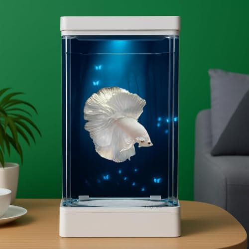 Image of PS-11 White Acrylic Aquarium Tank | Small Desktop Betta Fish Tank with Color-Changing LED Lighting | Easy-Clean Compact Acrylic Bowl for Guppy, Shrimp & Nano Fish (1.5 L)