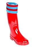 Forever Young Women Rain Boots, Mid Calf Fux Fur Cuff Cotton Lined Rubber Boots, Blue/Red, 11