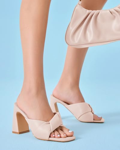 Image of Coutgo Womens Chunky Heeled Mules Puffy Knot Square Open Toe Slip On Sandals Summer Evening Party Prom Shoes