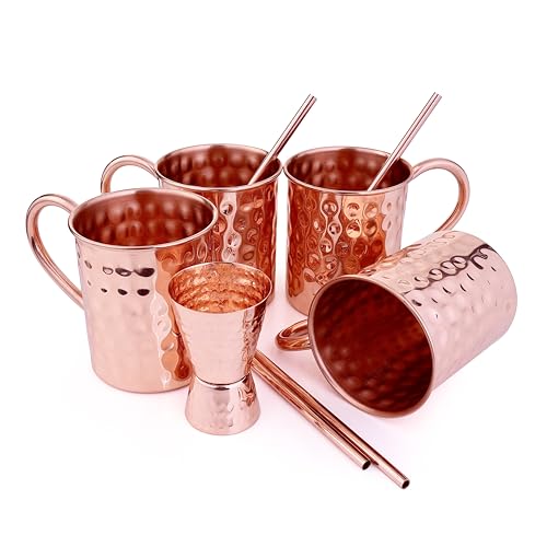 Artisan Copper Moscow Mule Copper Mugs Set of 4 (16oz) w/ 4 Straws & 1 Jigger Authentic Handcrafted Mugs Tarnish-Resistant Food Grade Lacquered