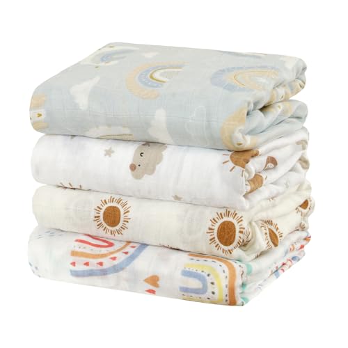 Image of CoolaPeach 4 Set Muslin Swaddle Blankets for Newborn Baby Boys, Girls,Receiving Blankets-Cute Soft Print Baby Towel Wrap 120x110cm Baby(Rainbow)