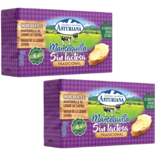 Pack 2 Mantequilla Central Lechera Asturiana 250g | Tradicional y Sin Lactosa | Formato Pastilla | Envío Refrigerado | Ideal Cocina y Repostería