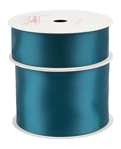 Zofrud 2 Rolls of Teal Double Faced Satin Ribbon - 18 Meters Total (25mm and 50mm x 9M) - Ideal for Crafts Gift Wrapping, and Weddings - Image 2