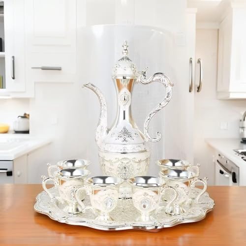 Vintage Turkish Coffee Pot Cups Set with Tray and 6 Cups Retro Coffee Pot Cups Set Exquisite Wine Pot Set Decorative Vintage Tea Service Set for Home Party Decor (Silver White)