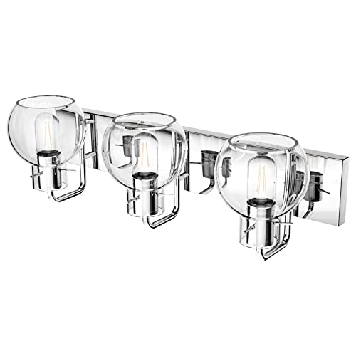 Image of Tipace Modern Bathroom Vanity Lighting Fixtures 3-Lights Industrial Stainless Steel Chrome Finish with Globe Clear Glass Vanity Lights Farmhouse Bath Lighting(Exclude Bulb)