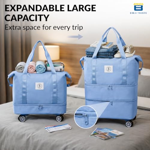 Image of Btag Travel Duffle Bag with Wheels | Convertible Handbag, Trolley & Shoulder Luggage for Clothes | Space-Saving Foldable Travel Companion | Expandable & Waterproof Traveling Bag for Unisex (Ice Blue)