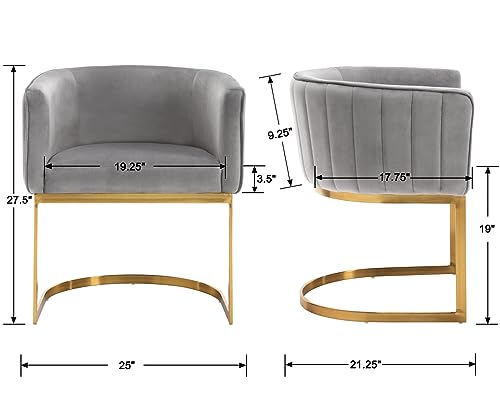 DM Furniture Modern Velvet Dining Chairs Set of 4 Contemporary Kitchen & Dining Room Chairs with Arms Upholstered Barrel Metal Frame 22" Wide Accent Chairs for Bedroom/Living Room, Grey