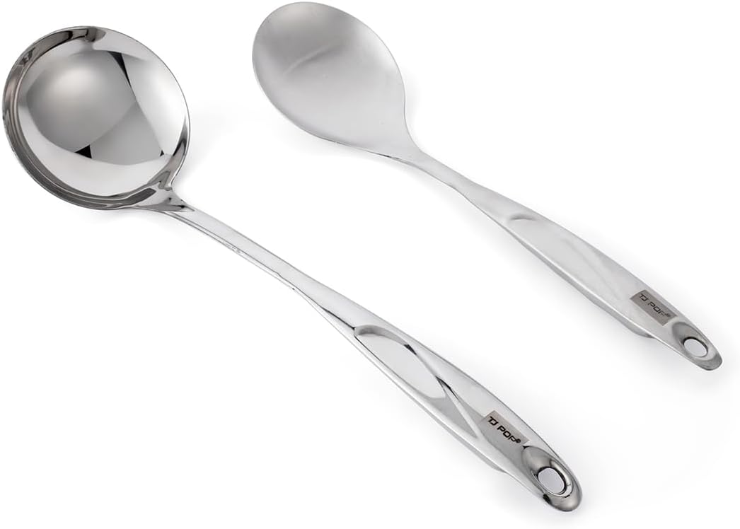 TJ POP Stainless Steel Soup Ladle - Extra Long Heat-Resistant Handle for Hot Pot, Ramen, Pasta & Cooking, Heavy Duty Non-Slip Kitchen Utensil