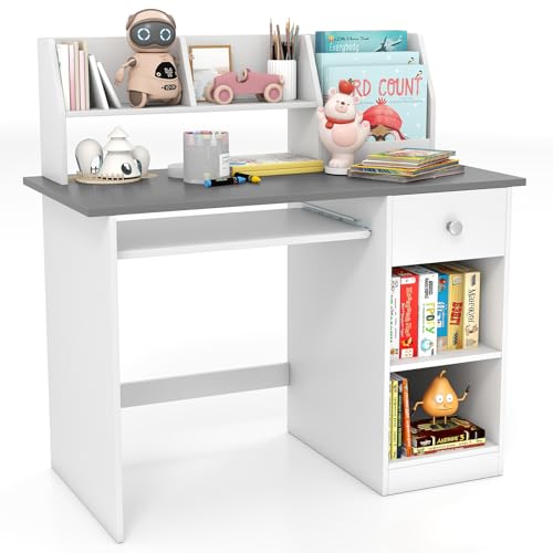 DREAMADE Bureau Enfant 90x45x90CM en Bois,Table d'Étude Fille Garçon avec Bibliothèque&Tiroir&2 Etagères&Plateau à Clavier,Bureau Enfants avec Dispositif Anti-Bascule,Charge 100KG (Gris)