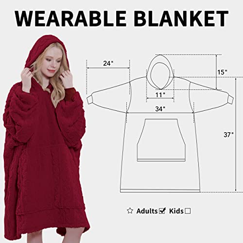 Easy-Going Oversized Wearable Blankets, Cozy And Plush Jacquard Flannel Hoodie Blanket With Front Pocket, Kids, Red #TOP5