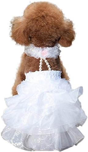 WORDERFUL Dog Wedding Dress Bride Outfit with Pearl Necklace and Rose Pet Princess Formal Apparel for Puppy Cat (Small)