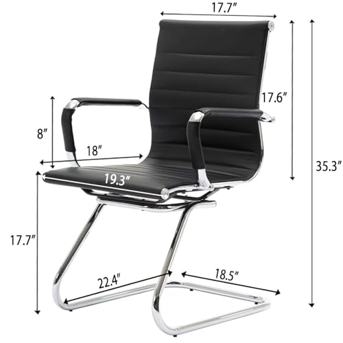 Image of Conference Room Chairs Set of 4, Waiting Room Chairs with Arms, Faux Leather Reception Chairs No Wheels, Office Guest Chairs with Mid Back Support and Chrome Sled Base, Black