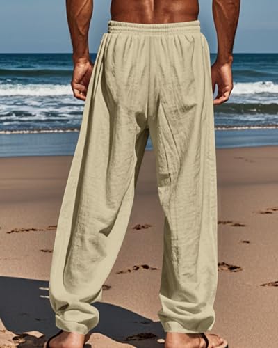 Men's Linen Pants Summer Fall Wide Leg Casual Pant Drawstring Elastic Waist Plain Beach Trousers with Pockets3