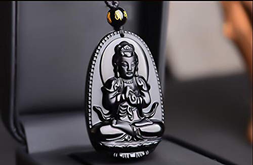 C1Lint7785631 Black Obsidian Pendant Necklace Obsidian Crystal Pendant Necklace Pattern With Extend Bead Chain For Women Or Men Buddha Kwan-Yin #TOP1