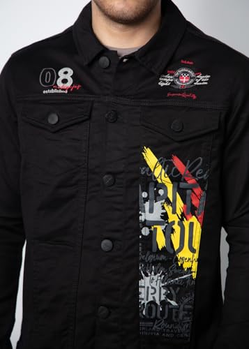 Image of Nostrum Men's Welch Denim Jacket, Black Casual Style, Embroidered Graphic Design, Button Front Closure