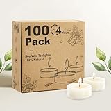 Hypmis Sojawachs Teelichter 4 Stunden Brenndauer, 100 Stück weiße Kerzen, Geruchsneutral, Rauchfrei & Paraffinfrei mit Acrylhülle für Weihnachten, Hochzeit, Party & Deko