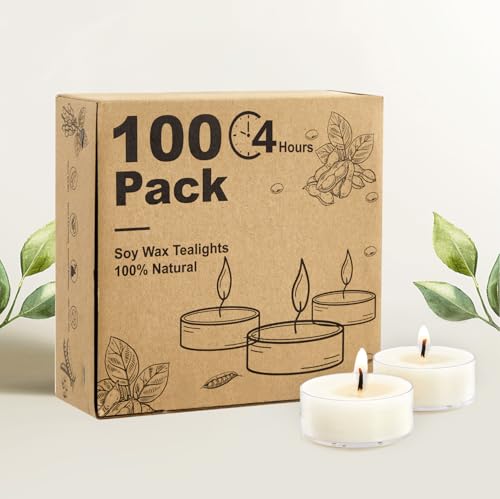 Hypmis Velas de Té de Cera de Soja, 100 Unidades, 4 Horas de Combustión, Sin Perfume y Sin Humo, Blancas con Cápsula Acrílica para Decoración y Bodas