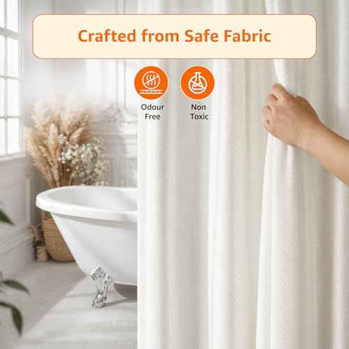 Image of Amazon Basics Shower Curtain 6 Feet | Waterproof Bathroom Curtain | PVC-Free, No Plastic Smell | Machine Washable Fabric | Off-White | 6ft Wide | 12 Hooks -180 CM X 180 CM