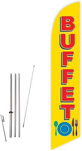 GLOBAL ADVERTISING SOLUTIONS Buffet Bandera de plumas amarillas llamativas para negocios y marketing, juego completo con kit de poste de 15 pies y