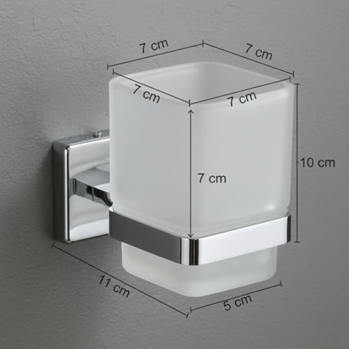 Image of EASYHOME FURNISH Premium SUS 304 Stainless Steel Toothbrush Holder with Frosted Glass Tumbler - Wall Mounted Bathroom Toothpaste & Shaving Kit Organizer, Rustproof Chrome Finish