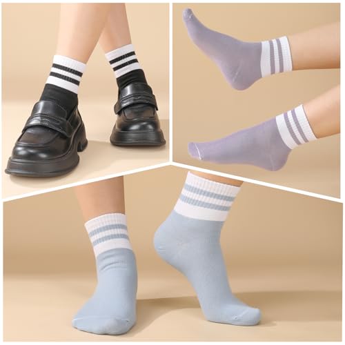 Utensilsto 8 Paar Socken Damen 38-42 Tennissocken Bunte Sportsocken Retro Damen Socken mit Streifen Motiv Baumwollsocken für Tennis Arbeit Freizeit Sport schwarz, blau, grün, lila, gelb, grau, weiß