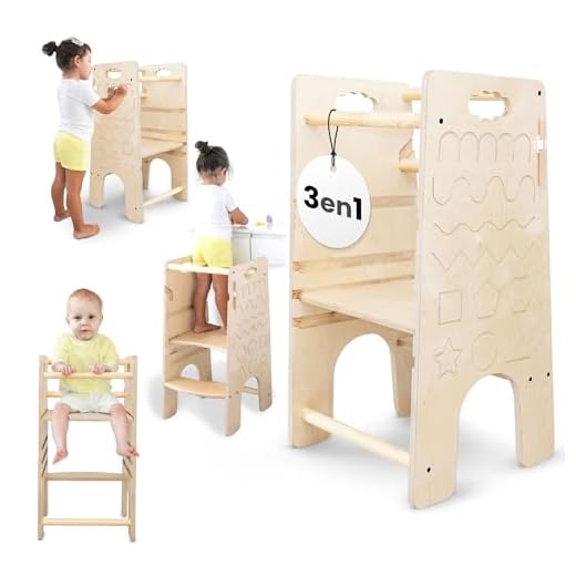 TWR ® Torre de aprendizaje evolutiva + trona bebe+ patrones Montessori (incluye lápiz de madera) 3 en 1- Torre de aprendizaje convertible en trona - 100% madera natural de alta calidad