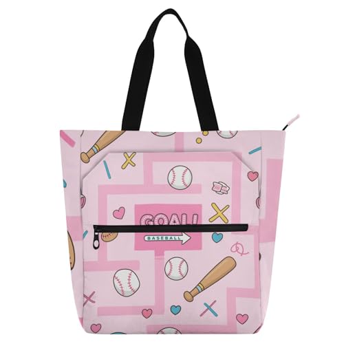 Bolsa de hombro grande escolar y para viajes con estampado de béisbol rosa
