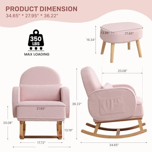 Image of HCHAIRH Rocking Chair Nursery with Ottoman, Upholstered Glider Rocker with High Backrest and Side Pocket, Rocking Accent Armchair with Solid Wood Legs for Nursery /Living Room /Bedroom Pink