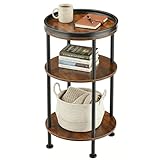 Small Round Side Table with Tray Top (Patented Design), 11.8' Narrow End Table for Small Spaces, 3-Tier Industrial Nightstand, Original Rustic Accent Furniture for Living Room Bedroom, Rustic Brown