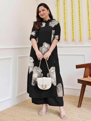 Image of ANNI Designer Women Viscose Blend Straight Fit Printed Kurta Palazzo Set | Mandarin Neck Outfit | Lightweight Breathable Fabric | Comfortable Elegant Styling for Office Casual Wear