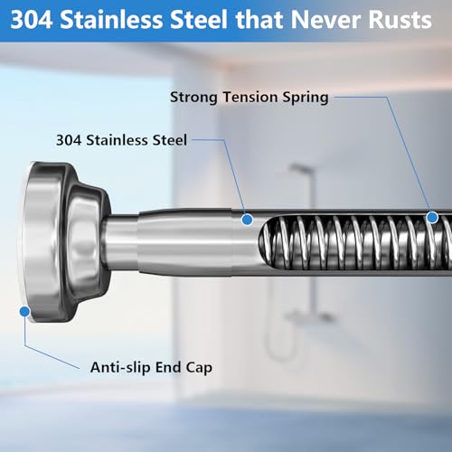 Image of Umimile Shower Curtain Rod, 1 Inch Diameter Adjustable Spring Tension Curtain Rod, 304 Stainless Steel Shower Rod for Bathroom, Windows, Never Rust Non-Slip (Stainless Steel, 42-70 inch)