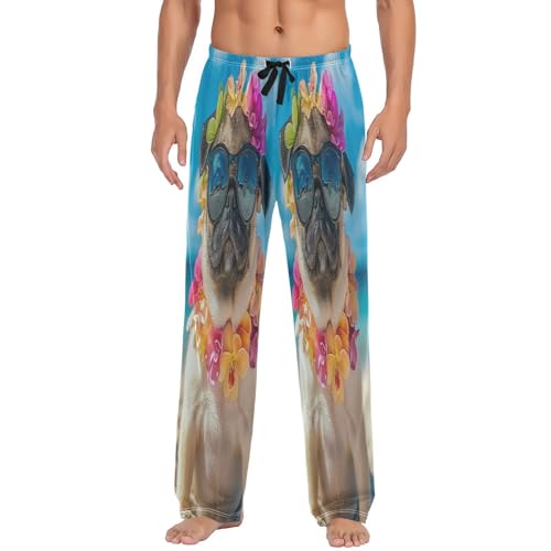ALAZA Men's Hawaii Puppy Pug Glasses Flower Beach Sleep Pajama Pant