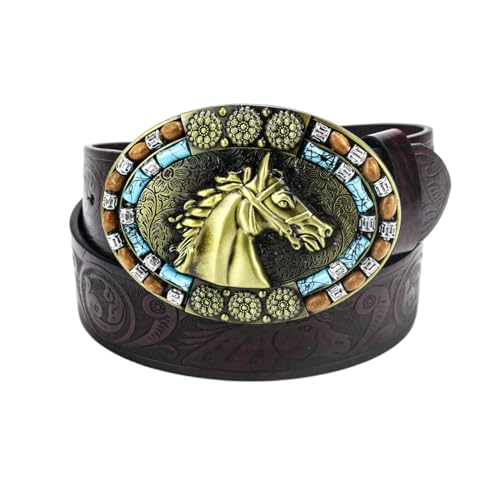 BaronHong Men's Western Cowboy Leather Belts,Bull Floral Engraved Belt,1-1/2 Inch Wide