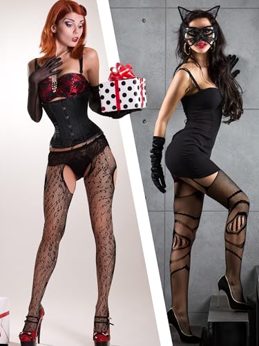Image of Fourluoo 6 Pairs Women Fishnet Tights Lace Ripped Spider Web Fishnets Leggings Mesh Pantyhose Thigh High Stockings