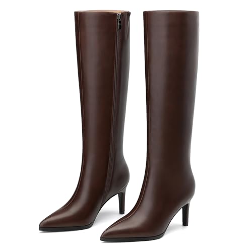 Image of ROSERWISH Women's Knee High Boots Pointed Toe Low Kitten Heel Tall Boots Comfortable Casual Fall Long Boots With Side Zipper