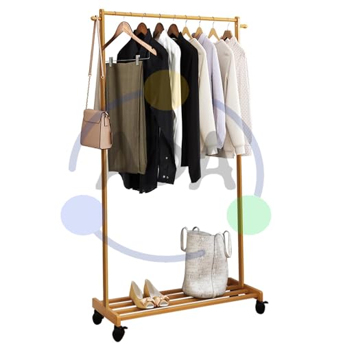 Image of ADA Premium Bamboo Garment Rack with Hanging Rail & Side Hooks, Multipurpose Coat Hanger Stand for Clothes, Jackets, Bags & Umbrellas, Heavy Duty Clothing Organizer for Bedroom & Entryway - Beige
