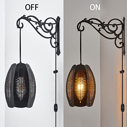 Image of Farmhouse Plug in Wall Lantern Sconces Set of Two,Black Rusti Wall Hanging Lamps Plug in for Bedrooms,Boho Dimmable Haing Wall Mounted Lights for Bedside Bedroom Living Room