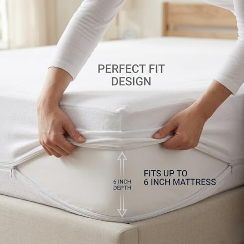 Image of 100% Waterproof Queen Size Zipper Mattress Encasement - Ultra Soft & Breathable Six-Sided Bed Cover, Dustproof Noiseless Fitted Design, 75x60 Inch (6x6 Feet), Fits Up to 6 Inch Mattress, White