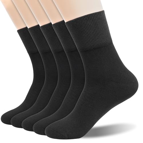 Rubber-Free Loose Wide Calf Cotton Crew Socks for Men and Women, Non-Binding Seamless Dress Socks Black, 5 Pairs
