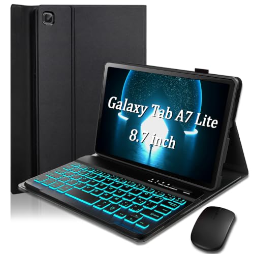 Keyboard Case for Samsung Galaxy Tab A7 Lite 8.7 inch (2021) 7-Color Backlighting Detachable Bluetooth Wireless Keyboard and Mouse Built-in Pen Slot Lightweight and Portable - Black