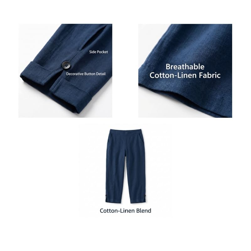 Image of Linen Pants Women 2026 Summer Beach Vacation Trousers Elastic Waist Linen Capris Pants Boho Casual Travel Pant