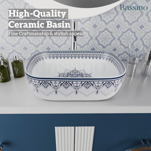 BASSINO 18x13x5.5 inches Moroccan Style Ceramic Wash Basin Blue & White/1 Year Glazing Warranty/Tabletop - Countertop Sink with Waste Coupling/Designer Vessel for Bathroom, Hotel, Restaurant(Glossy)