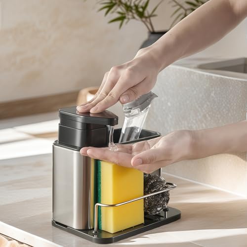 LIBODOUR Soap Dispenser for Kitchen & Bathroom Sink,3-in-1 Sponge Holder for Kitchen, Organizer Dish Soap Dispenser,Sink Caddy,Stainless Steel Dish Brush Scrubber with Sponge Holder