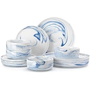 MALACASA Plates and Bowls Sets, 12 Pieces Porcelain Dinnerware Sets Dishware Sets Chip Resistant Ceramic Dish Set Dining Dinner Ware Service for 4, Marble Blue, Series LUNA