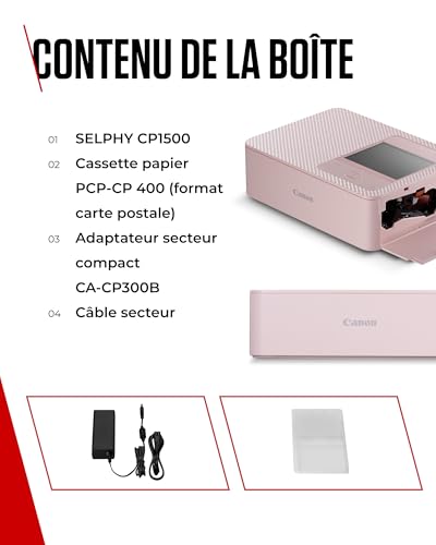 Canon SELPHY CP1500 Imprimante Photo Portable – Impression sans Fil, Impressions Durables, Connectivité USB-C & Carte SD – Imprimante Portable Idéale pour Le Scrapbooking et Les Albums Photo, Pink