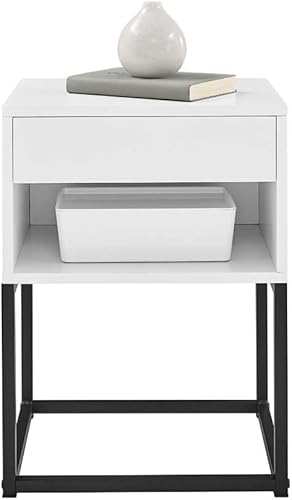 Miniatura 6 de MUSEHOMEINC Mesa auxiliar simple con cajón y estante para cualquier habitación, mesita de noche, diseño de patas de metal (blanco)