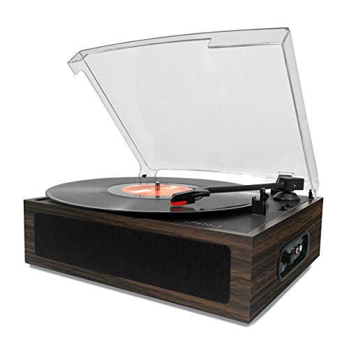 LP&No.1 Vintage Vinyl Record Player with Stereo Speakers,3 Speed Turntable, Dark Brown
